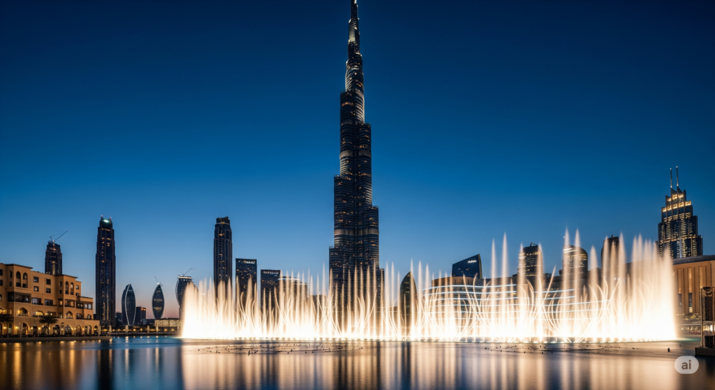 Burj Khalifa photography, Dubai Fountain photos, tallest building Dubai, panoramic city views Dubai.