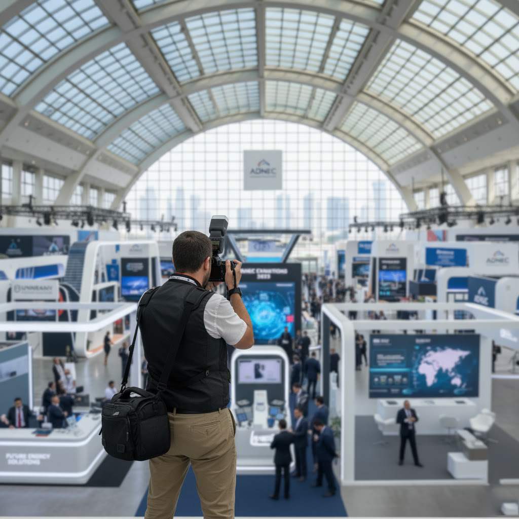 A professional event photographer capturing a detailed shot of an advanced energy technology exhibit at ADIPEC 2025 in ADNEC, Abu Dhabi.