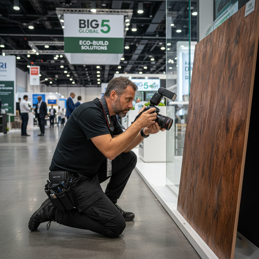 A professional photographer at Big 5 Global 2025 capturing the intricate texture of a building material at a DWTC exhibition stand.