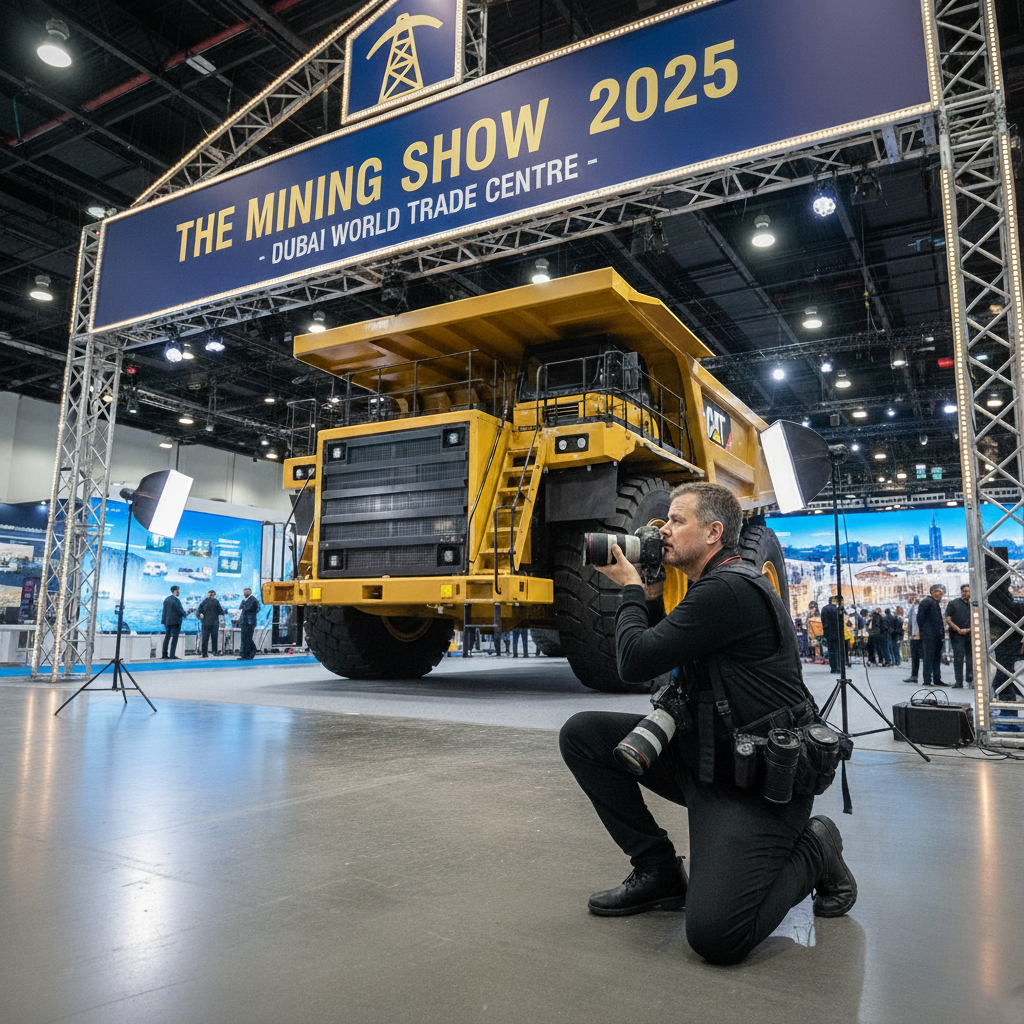 A professional trade show photographer capturing a large piece of mining equipment on display at The Mining Show 2025 in Dubai World Trade Centre.