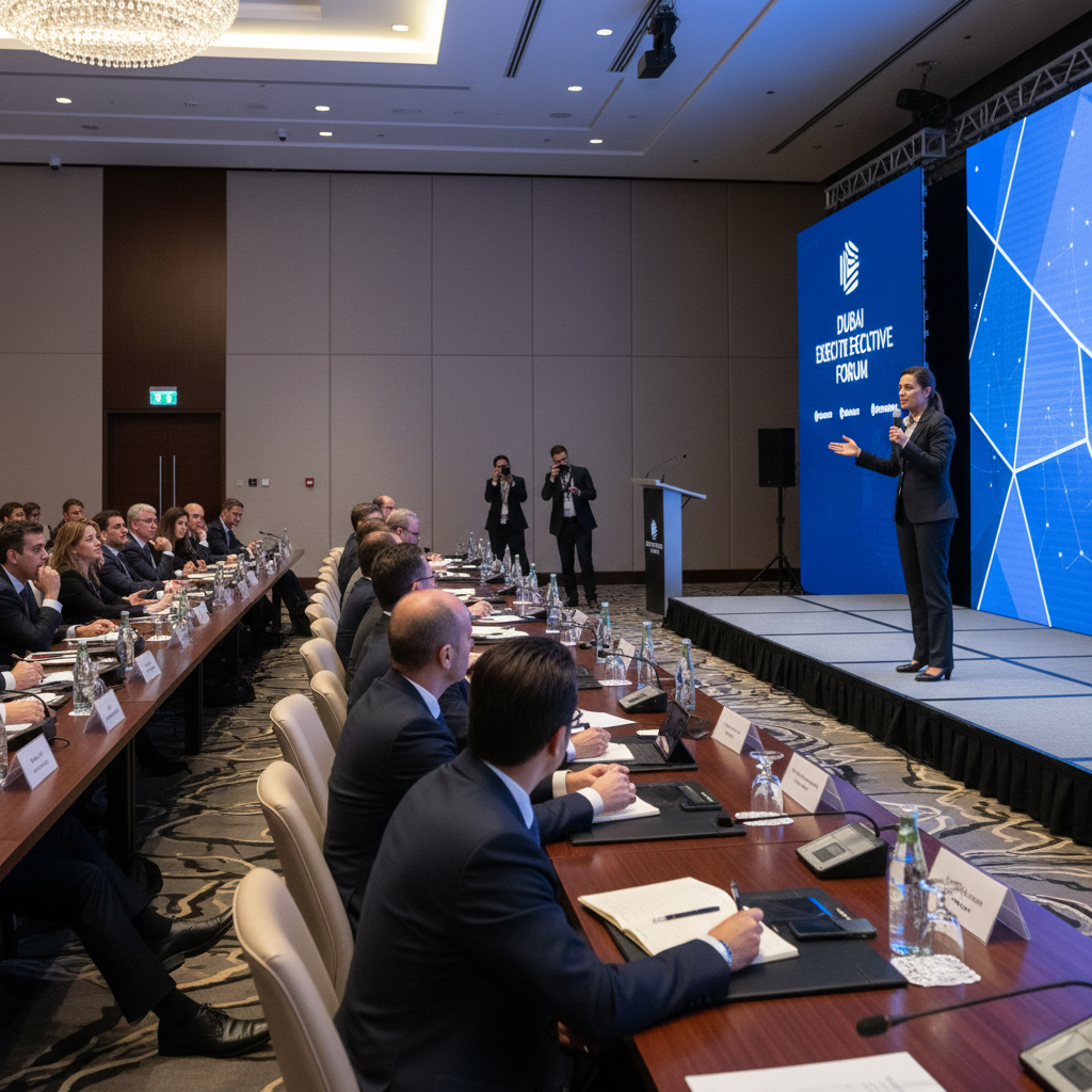 Corporate meeting coverage and keynote speaker photography for Dubai executive forums.