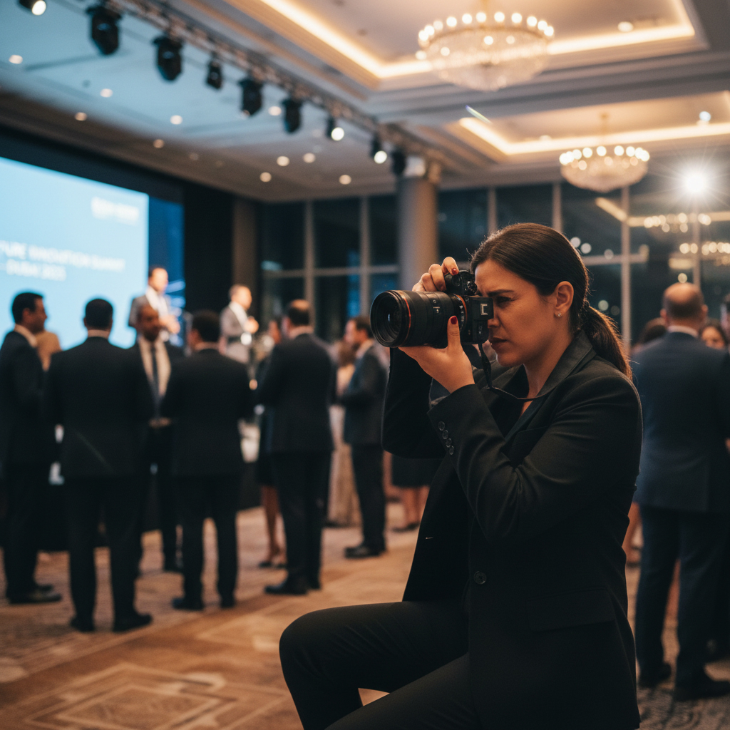 Professional event photographer using a mirrorless camera at a corporate event in Dubai