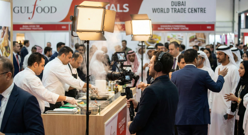 A professional videographer using a gimbal stabilizer to film a crowded exhibition booth at the Dubai World Trade Centre during a major food event.