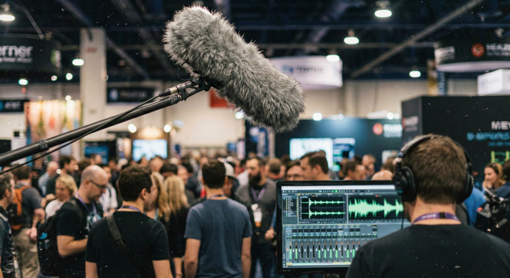 A close-up of a professional boom microphone with a wind muff capturing audio above a noisy crowd on an exhibition floor.