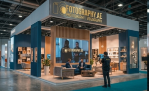 A wide shot of a professional exhibition stand for "FOTOGRAPHY.AE." The booth is designed with blue and wood accents, featuring a lounge area where two men are seated for an interview being filmed by a videographer.