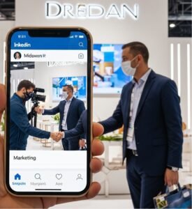 A person holds a smartphone showing a social media post of two men shaking hands at a trade show. In the background, one of the men from the photo stands in front of a brightly lit corporate booth labeled "DREDAN," wearing a blue suit and a white face mask.