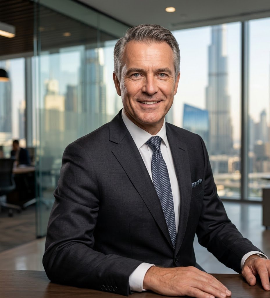 Corporate headshot of a male senior executive in a tailored charcoal suit with a blurred Dubai business district skyline in the background.