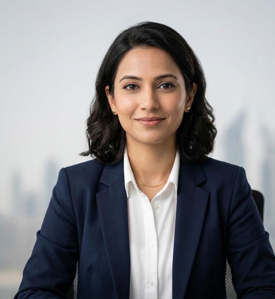 Professional headshot of a female professional wearing a navy blazer and white shirt with an approachable smile.