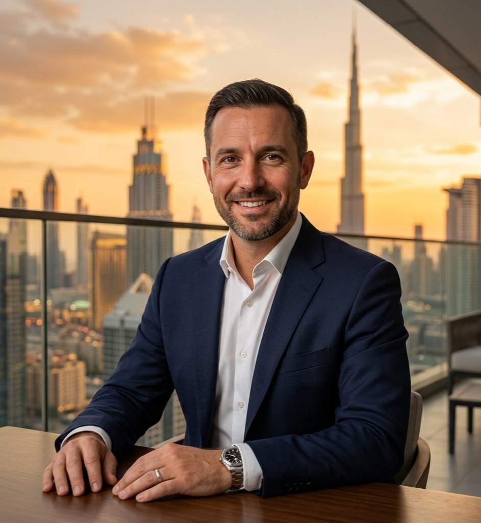 Friendly male consultant in a navy suit with an approachable smile and a golden hour Dubai skyline background.