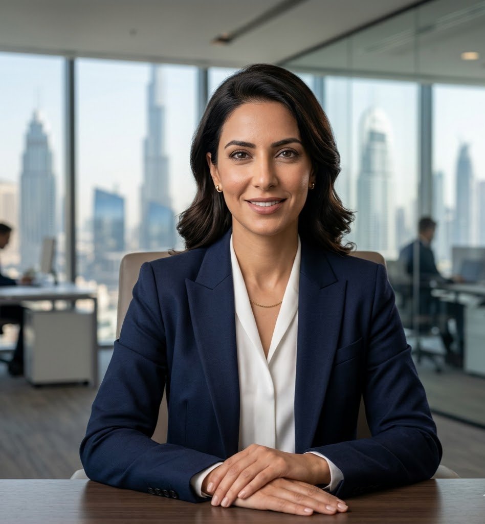 High-quality corporate headshot of a female professional in a navy suit and white shirt against a modern Dubai skyline.