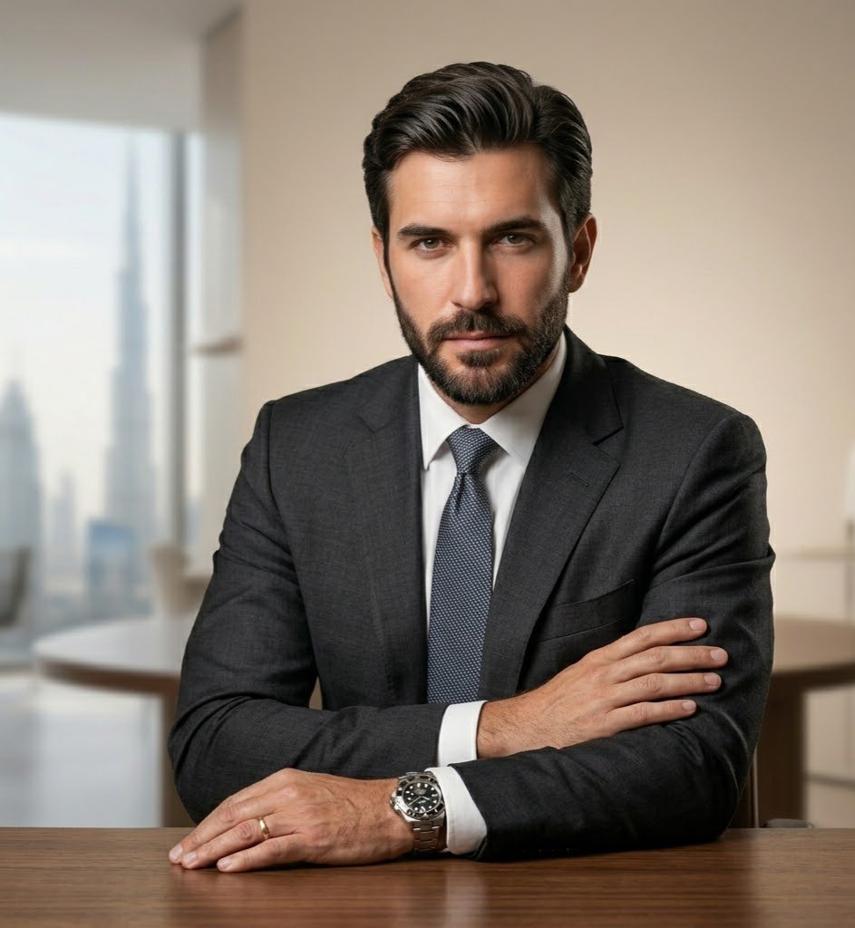 Sharp executive headshot of a young male CEO in a charcoal suit with a polished, authoritative expression.