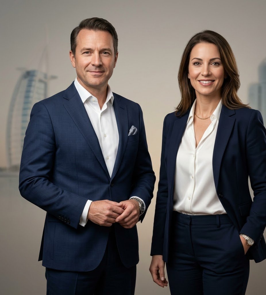 Professional corporate headshot of a male and female global business consultant in Dubai, wearing tailored navy suits and white shirts, posed against a clean, minimal corporate neutral gradient background with a subtle Burj Al Arab influence