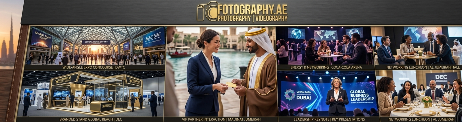 io: A professional marketing compilation banner featuring diverse corporate scenes, including keynote speeches, VIP networking, and branded exhibition stands across various Dubai venues.