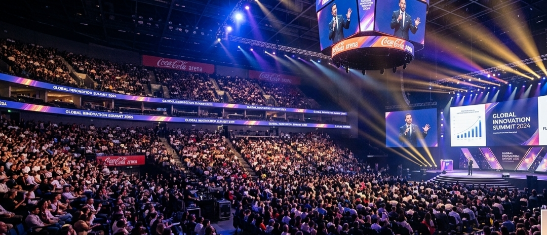 wide-angle, high-energy view of the Global Innovation Summit at the Coca-Cola Arena, featuring a keynote speaker on stage before a massive international audience.