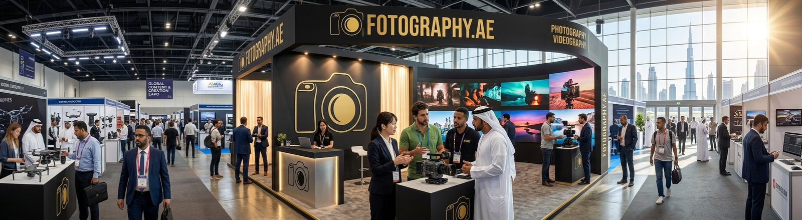A candid, professional photograph captures a dynamic networking and business discussion taking place inside a modern, spacious exhibition hall at the Dubai Exhibition Centre (DEC). the foreground, a group of four diverse executives
