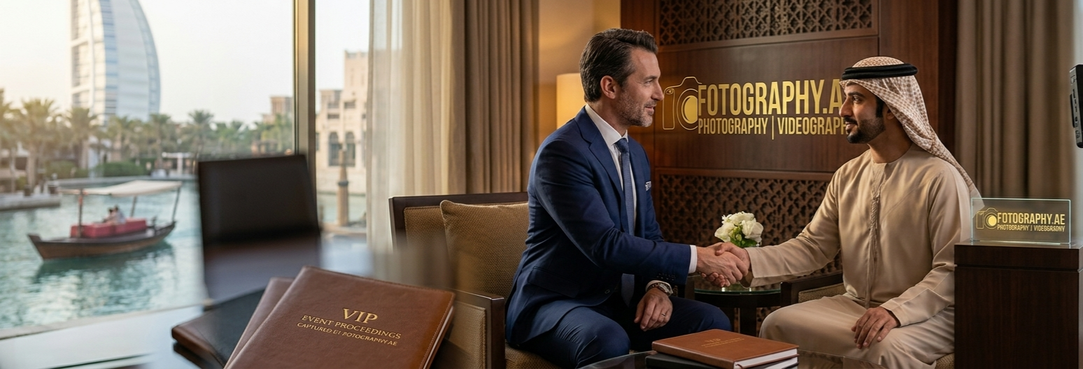An elegant, cinematic shot of a Western executive and an Emirati professional shaking hands in a luxury lounge at Madinat Jumeirah, overlooking the Burj Al Arab.