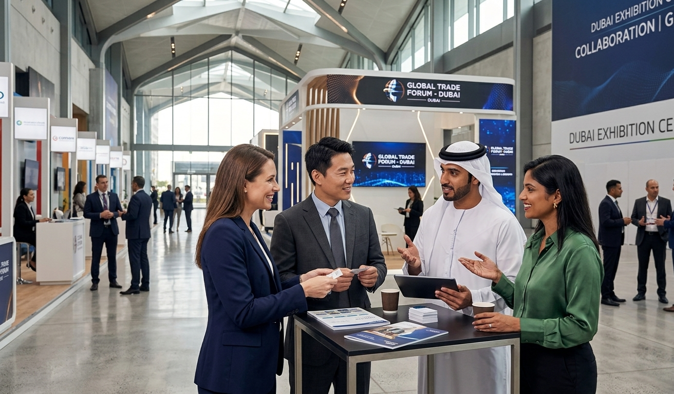 International executives gathered around a high-top table at the Dubai Exhibition Centre, actively exchanging business cards and engaging in professional networking.