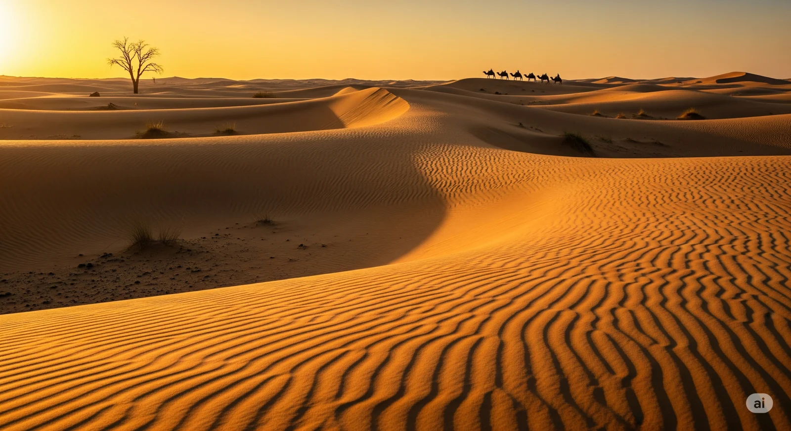 A vast expanse of golden sand dunes at sunset, featuring intricate wind-rippled textures in the foreground. In the distance, a solitary bare tree stands on the left, while a small caravan of camels is silhouetted against the warm glow of the horizon on the right.