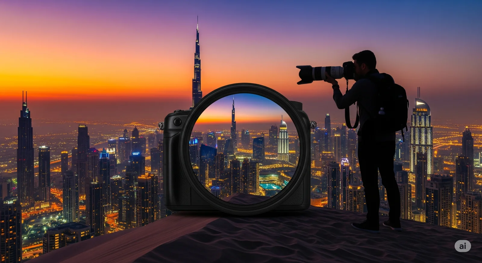 A silhouette of a photographer with a telephoto lens standing on a sand dune, overlooking the illuminated Dubai skyline at sunset. A large, stylized camera body is positioned in the foreground, framing a central view of the Burj Khalifa and surrounding skyscrapers through the circular lens mount.