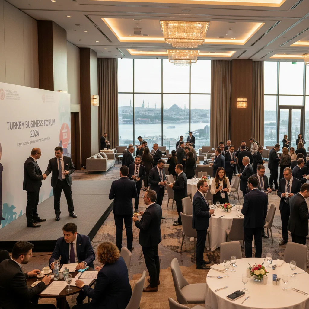 A wide-angle shot of a busy ballroom during the "Turkey Business Forum 2024," where professionals in business attire network around round tables and a stage. Large floor-to-ceiling windows in the background offer a scenic view of a coastal city skyline across a body of water.