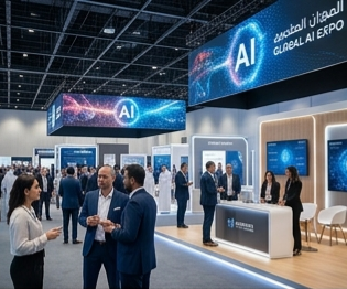 A wide-angle view of a futuristic Global AI Expo in Dubai, featuring large hanging LED banners and professionals in business attire networking between modern, illuminated exhibition booths.