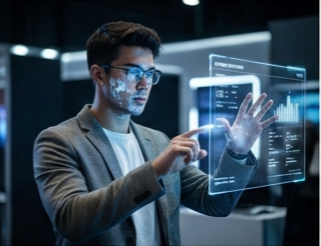 A man wearing glasses interacting with a transparent, glowing blue holographic interface displaying data and charts in a high-tech environment.