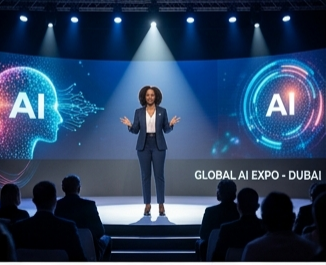 A female keynote speaker in a blue suit presenting on a brightly lit stage at an AI conference, flanked by large digital screens displaying glowing neural network graphics.