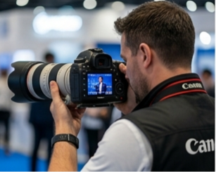 An over-the-shoulder view of a professional event photographer using a DSLR camera with a large white telephoto lens to capture a speaker at a corporate expo.