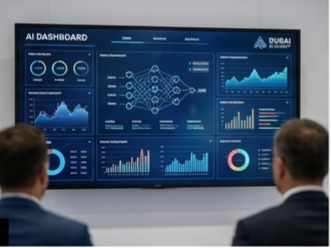 A close-up of a digital "AI Dashboard" screen showing complex data visualizations, circular charts, and a neural network diagram, being observed by two professionals.