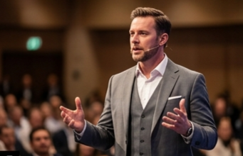 A male speaker in a grey three-piece suit delivering a presentation with expressive hand gestures on a stage with soft, cinematic lighting and a blurred audience background.