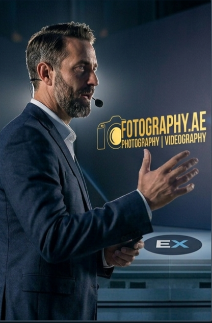 Professional male speaker in a tailored suit presenting at a high-end corporate summit in Dubai, with the Fotography.ae logo prominently displayed on a digital screen in the background.