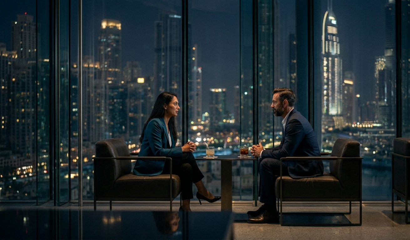 Candid photograph of two business professionals engaged in a late-night networking discussion in a luxury lounge overlooking the Dubai Marina skyline.