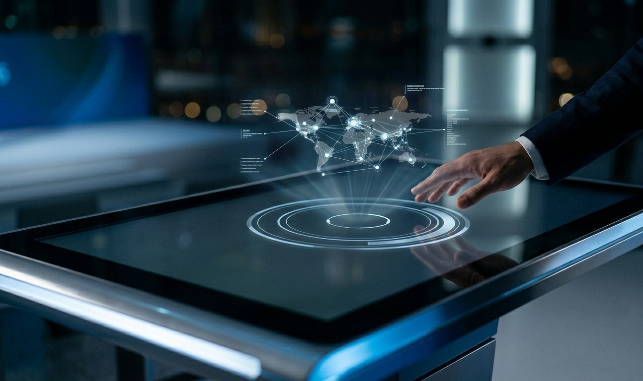 Close-up of a professional hand interacting with a high-tech holographic global map interface at a futuristic innovation summit in Dubai.