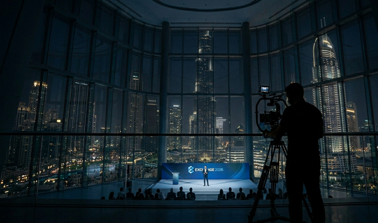 Silhouette of a professional videographer using a high-end camera rig to capture a corporate presentation in a modern Dubai venue with night city views