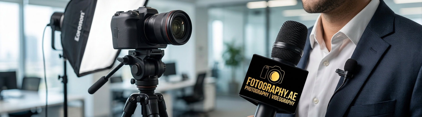 Professional cinema camera setup with a person holding a Fotography.ae branded microphone in the foreground