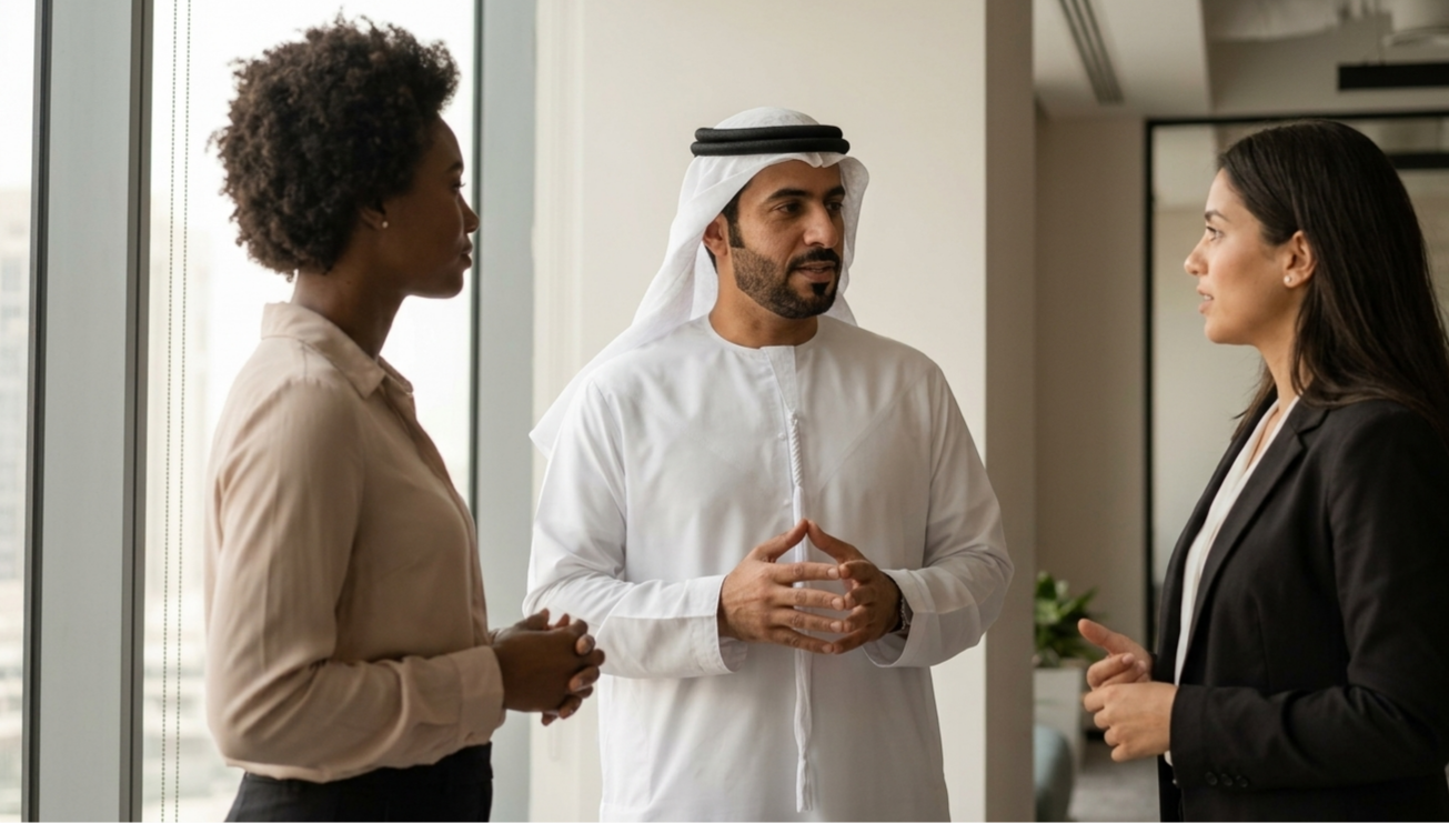 Three business professionals engaged in a collaborative discussion near a large office window.