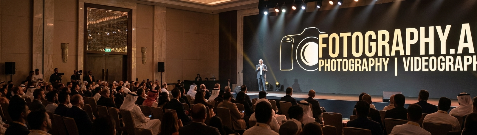 Wide-angle photograph of a corporate event speaker on stage with a screen displaying the Fotography.ae logo.