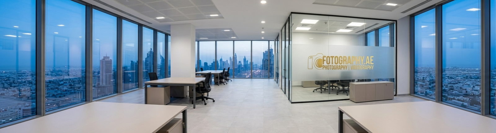 Modern open-plan office interior with city views and a glass partition featuring the Fotography.ae logo.