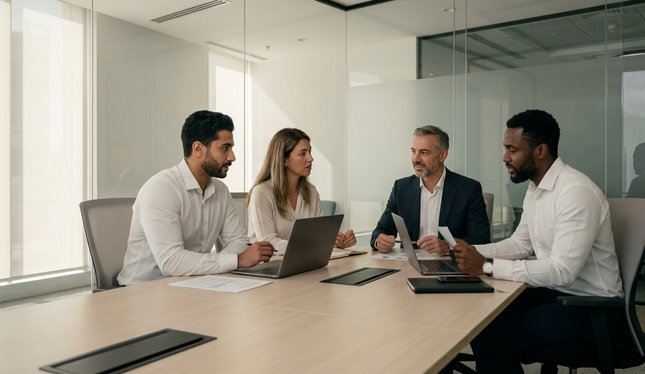 A group of four business professionals having a meeting around a conference table in a bright, glass-walled room.