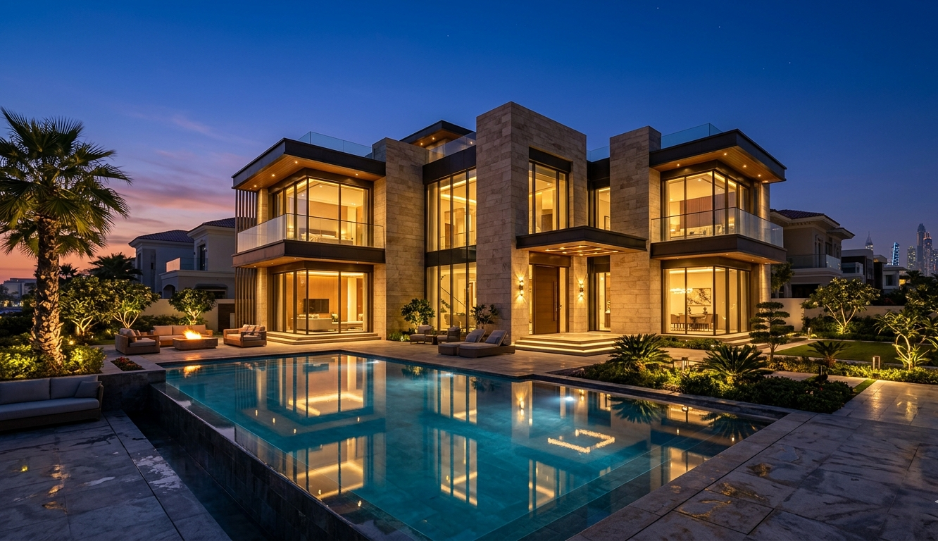 Luxury villa exterior with a lit swimming pool and glowing interior lights at dusk.