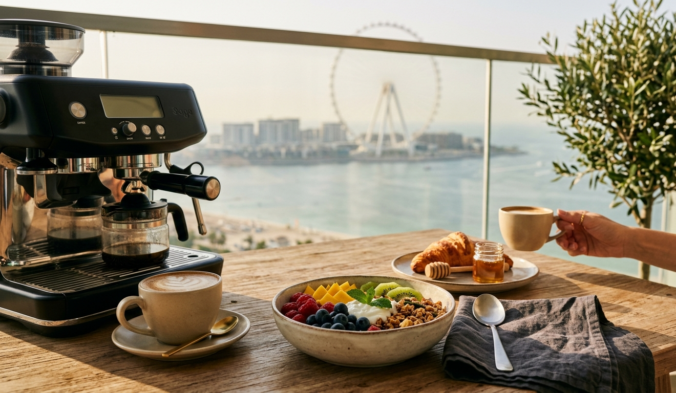 gourmet breakfast spread on a wooden outdoor table featuring coffee, a fruit bowl, and croissants. The background shows a blurred view of the Bluewaters Island Ain Dubai ferris wheel over the ocean at sunrise.