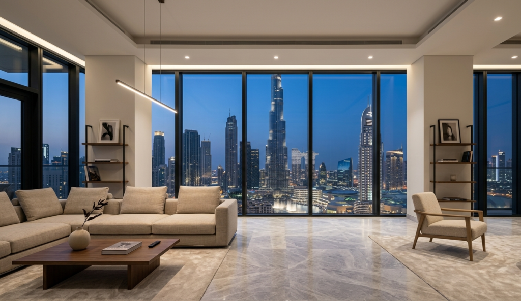 Sophisticated living room interior featuring a large beige sectional sofa and marble flooring. Massive windows showcase an evening view of the illuminated Burj Khalifa and Downtown Dubai skyline.
