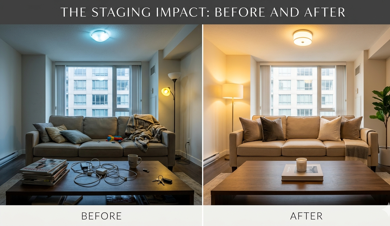 side-by-side "Before and After" comparison of a living room. The "Before" side shows a cluttered room with cool, harsh lighting; the "After" side shows the same room professionally staged with warm lighting, clean surfaces, and decorative pillows.