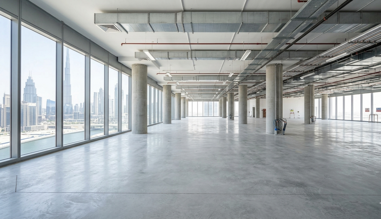 Large, vacant industrial-style office space with polished concrete floors and exposed ceiling ductwork. Floor-to-ceiling windows offer a panoramic view of the Dubai skyline, prominently featuring the Burj Khalifa.