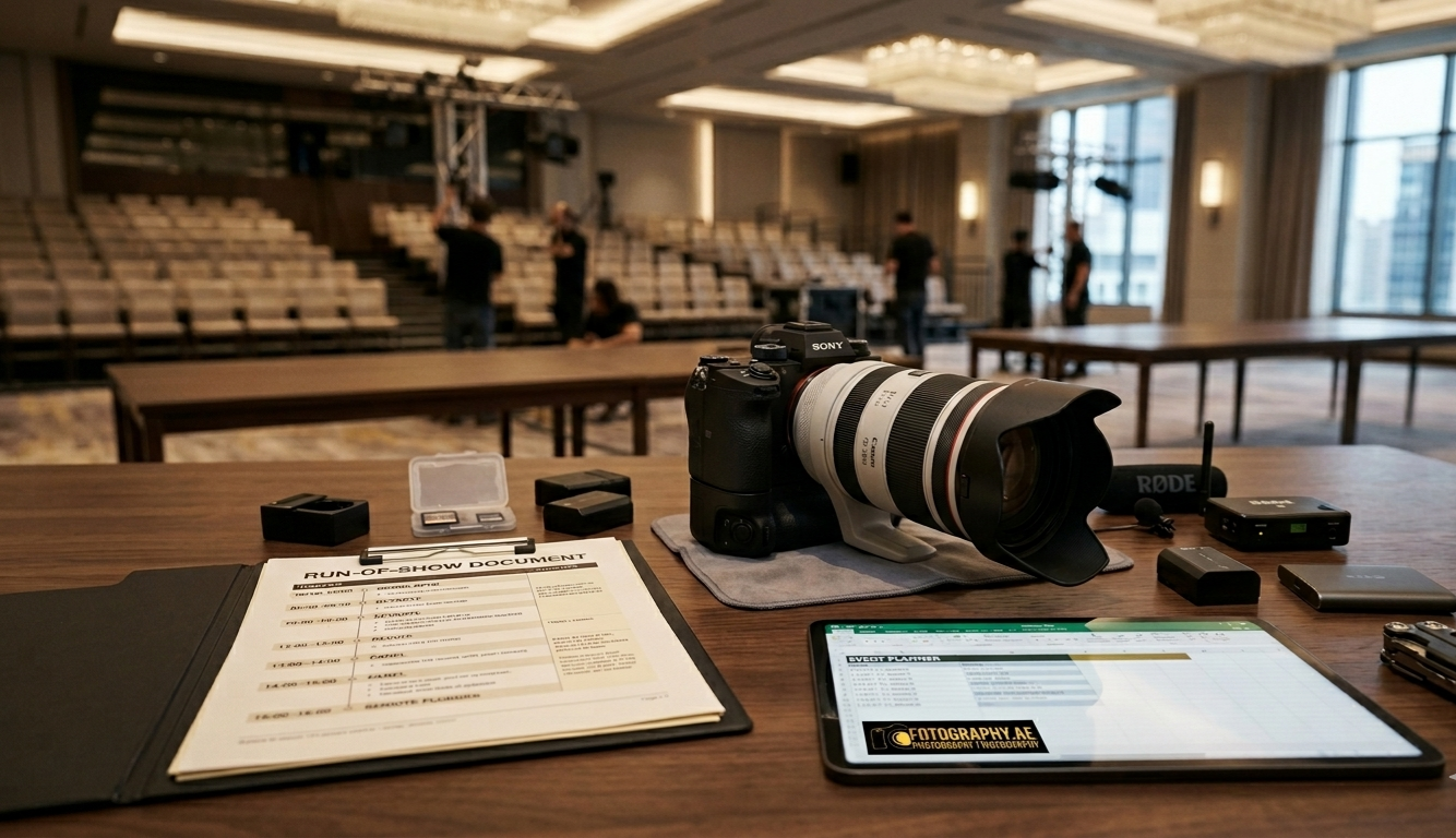 Professional photography gear, Sony camera, and event run-of-show document on a table.