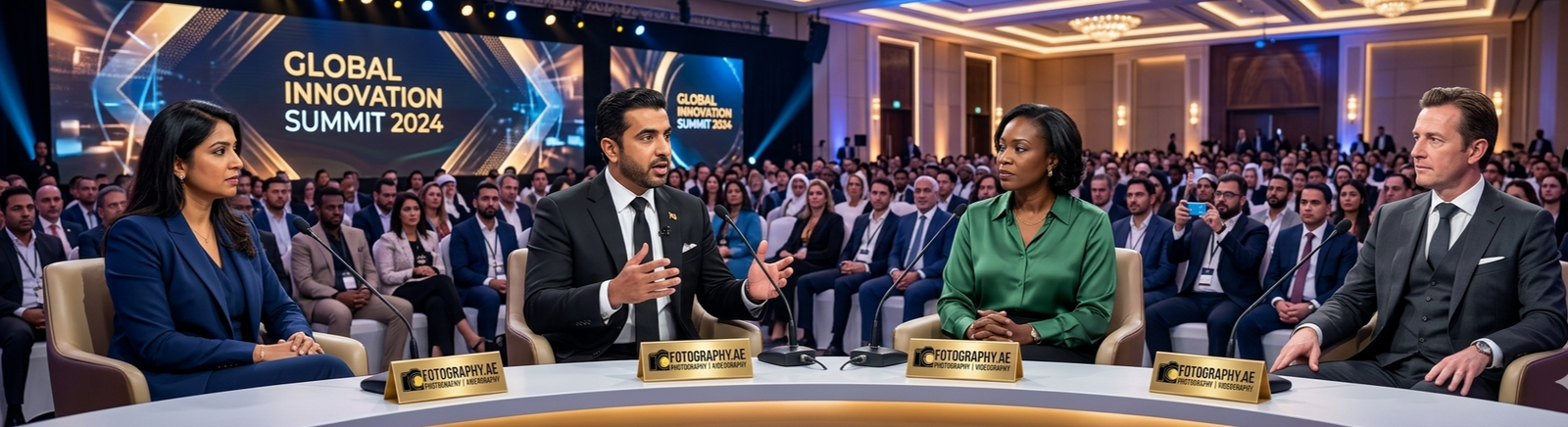 diverse panel of industry experts discussing innovation at a professional corporate summit in the UAE