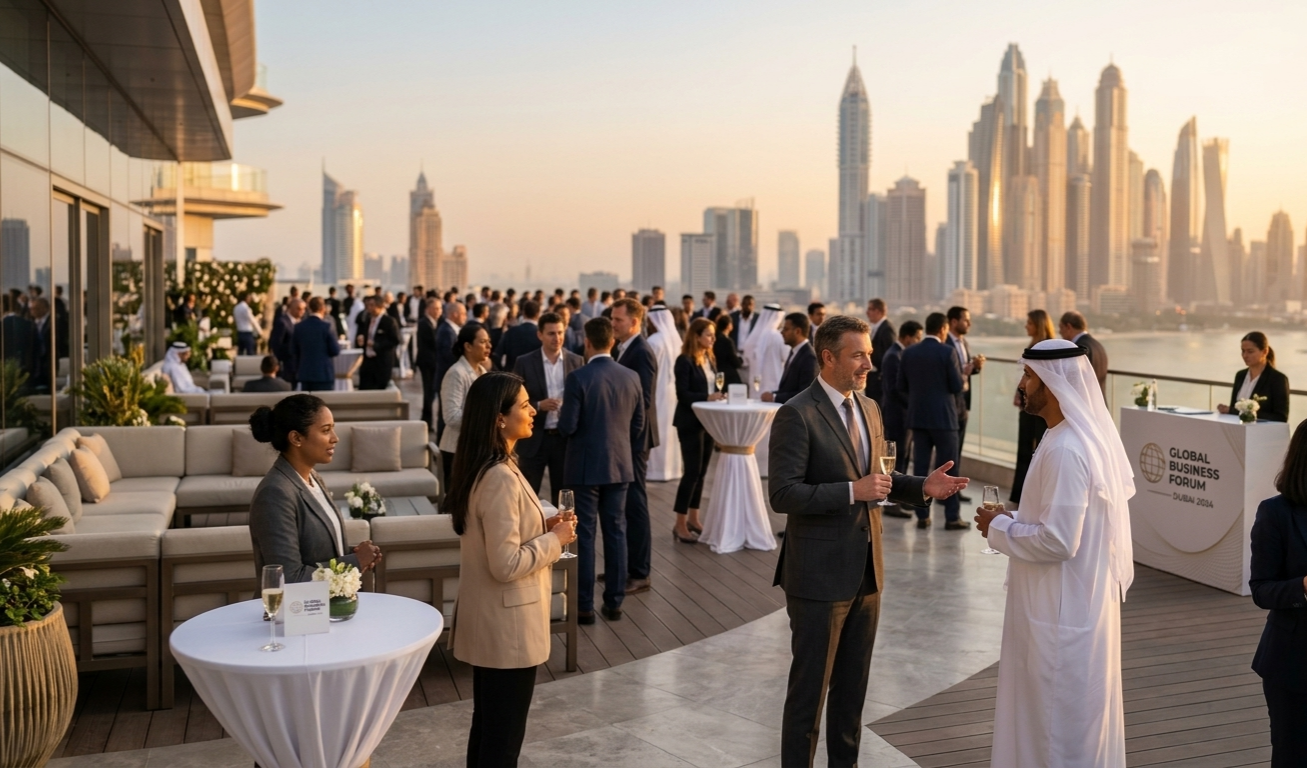 Corporate professionals networking at a rooftop sunset reception in Dubai.