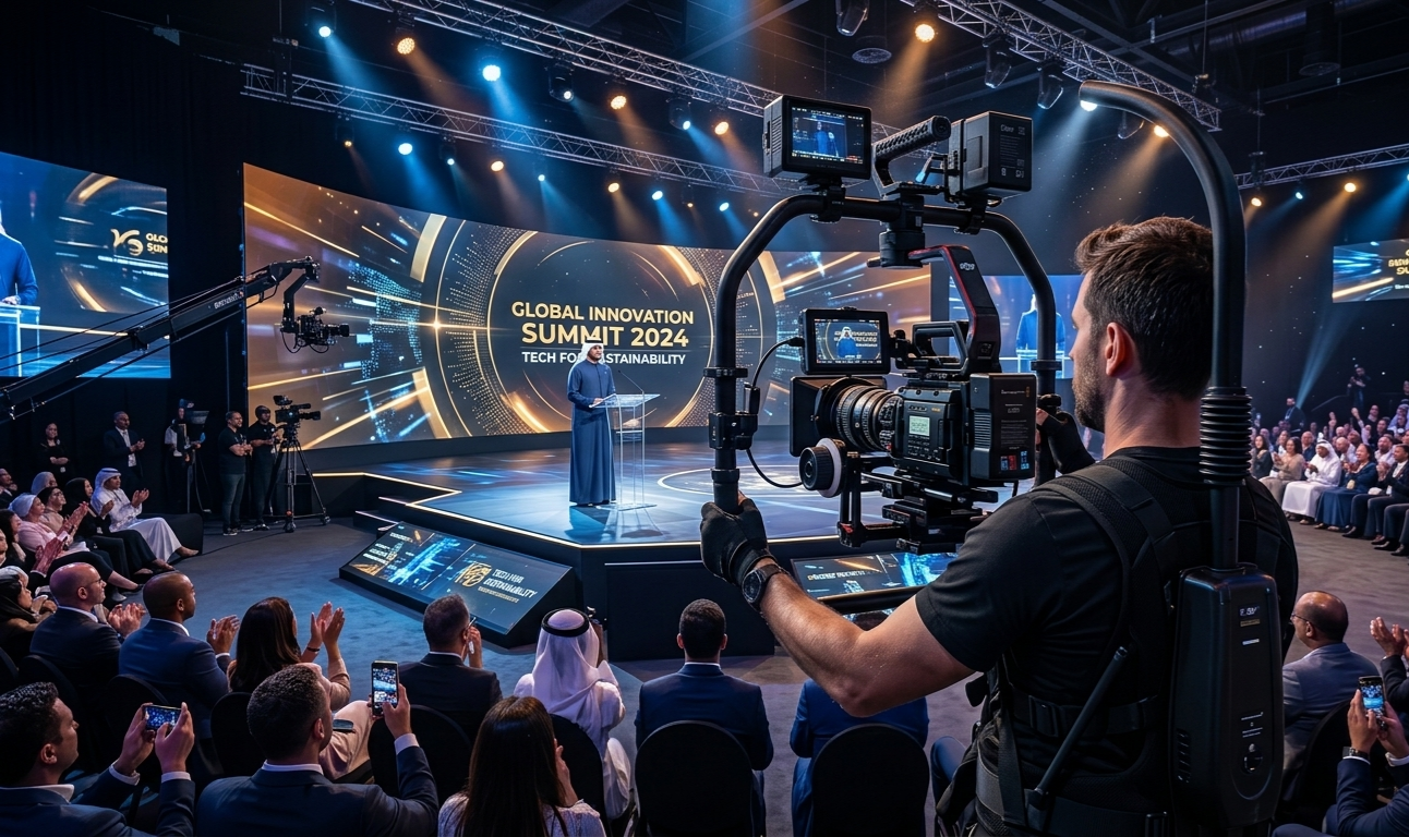 Professional videographer using a camera gimbal to film a keynote speaker at the Global Innovation Summit 2024.