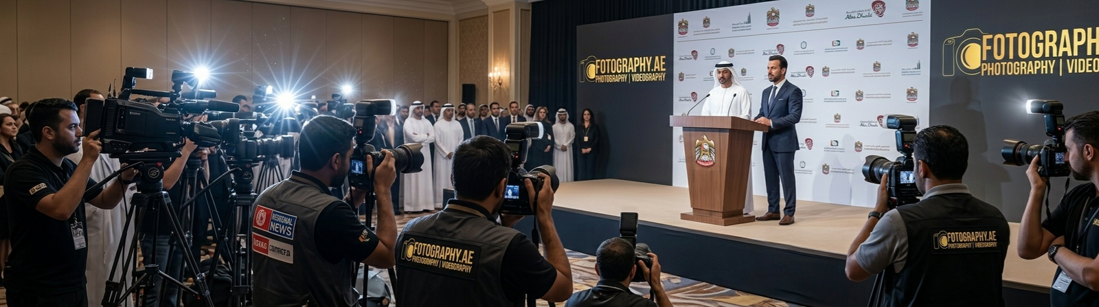 busy media center and press conference in Dubai with photographers and news crews capturing a high-profile announcement.