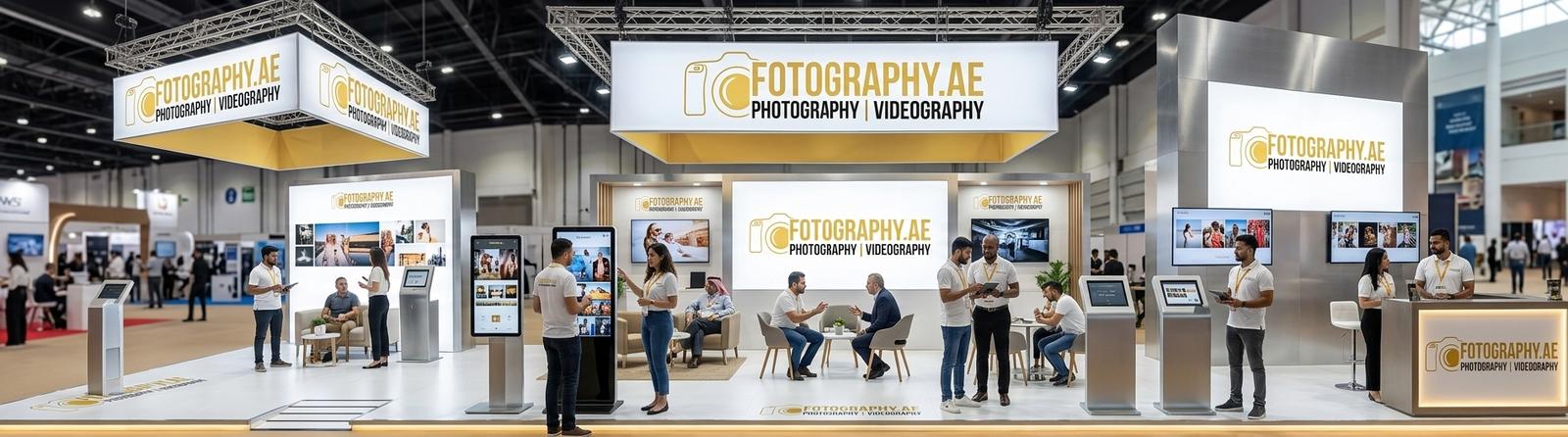 Large-scale exhibition booth for Fotography.ae at a major Dubai trade show.
